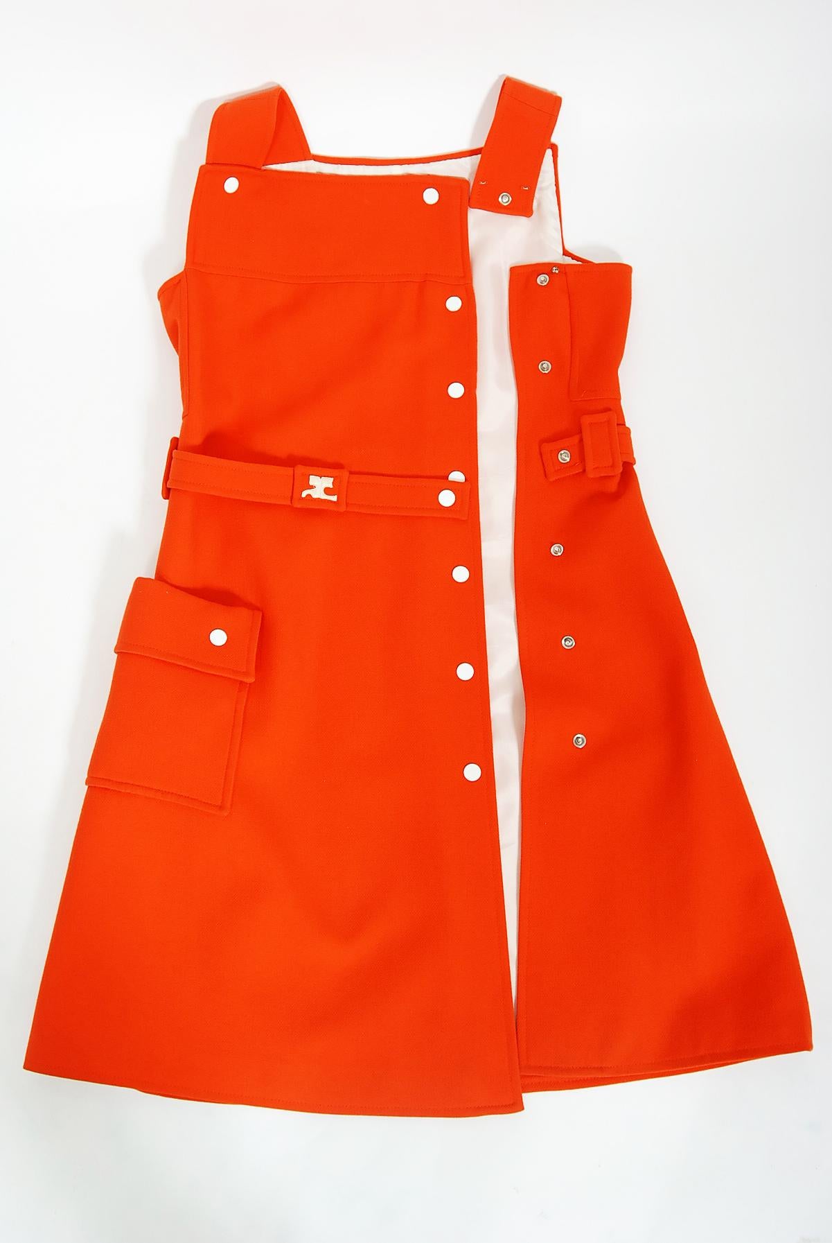 Vintage 1970 Courreges Hyperbole Orange Wool Space-Age Sleeveless Mod Mini Dress For Sale 1