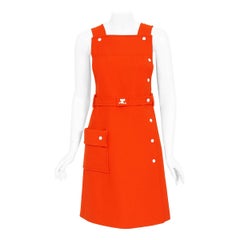 Vintage 1970 Courreges Hyperbole Orange Wool Space-Age Sleeveless Mod Mini Dress