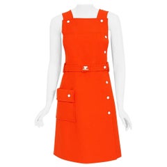 Vintage 1970 Courreges Hyperbole Orange Wool Space-Age Sleeveless Mod Mini Dress