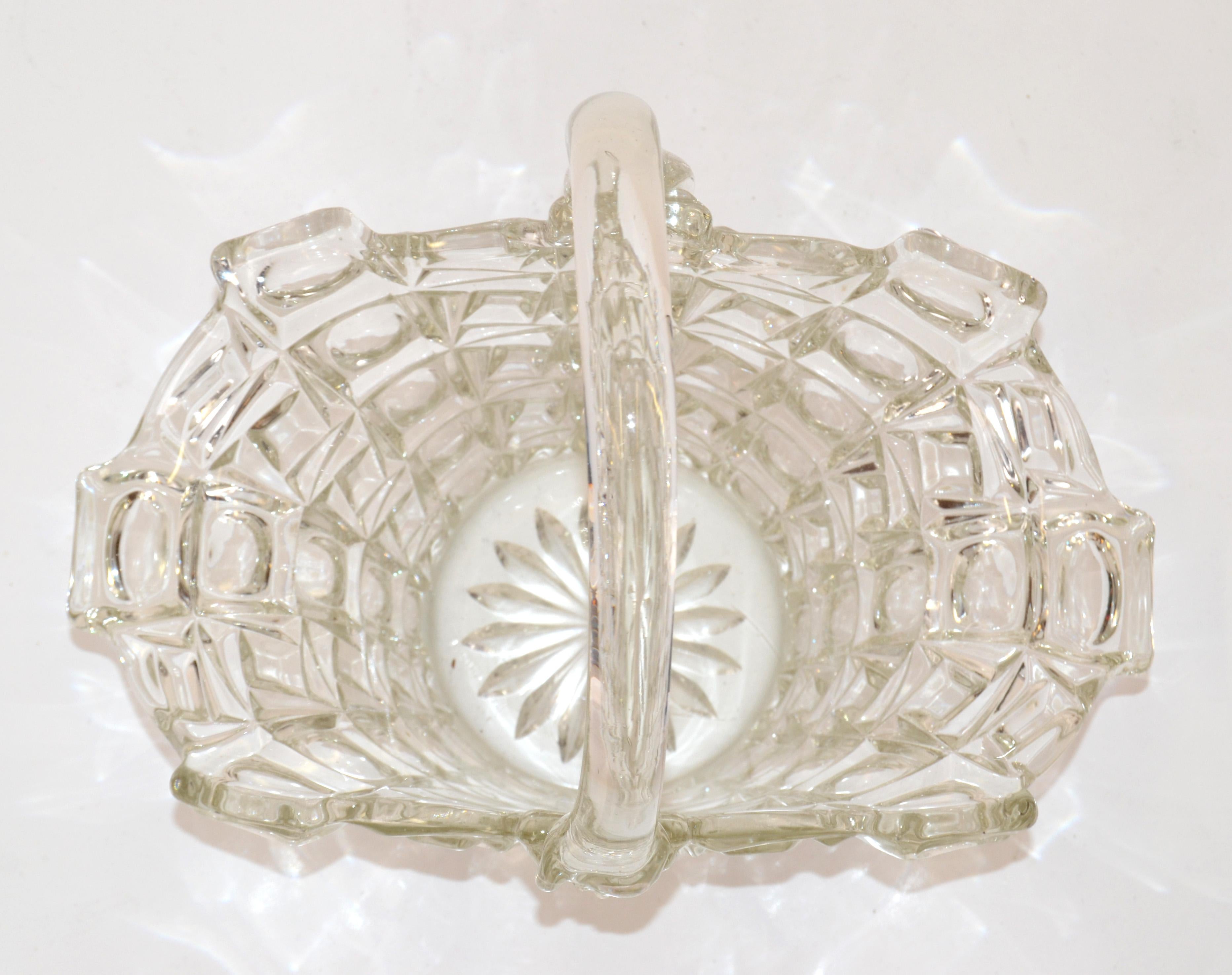 Art Glass Vintage 1970 Decorative Clear Crystal Glass Bride Basket with Handle Centerpiece For Sale