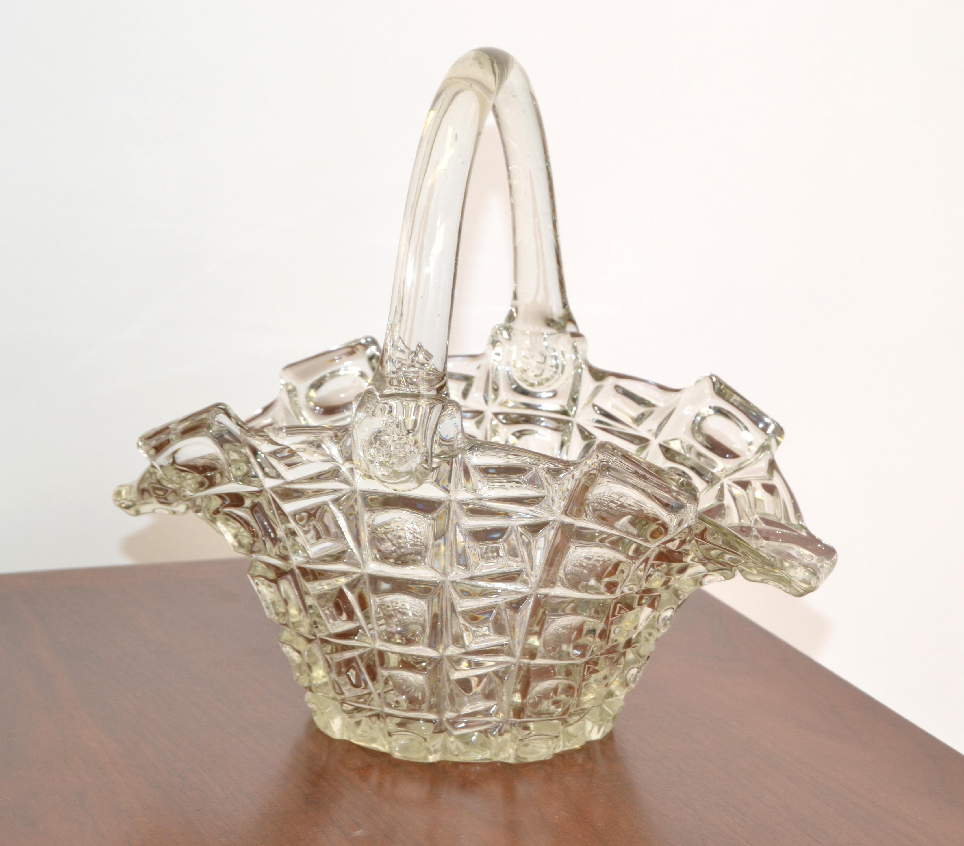 Vintage 1970 Decorative Clear Crystal Glass Bride Basket with Handle Centerpiece For Sale 1