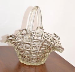 Vintage 1970 Decorative Clear Crystal Glass Bride Basket with Handle Centerpiece