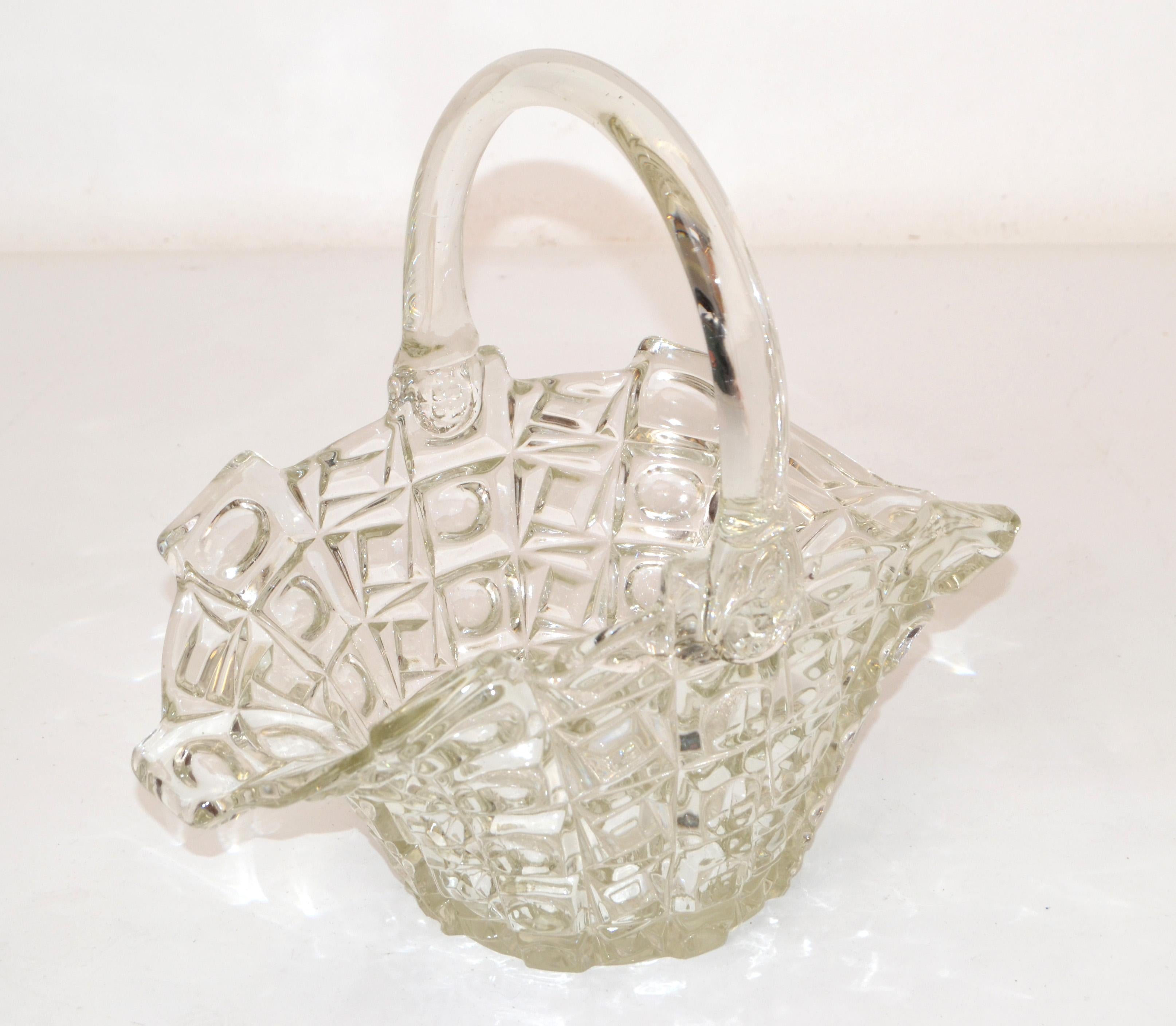 Mid-Century Modern Vintage 1970 Decorative Clear Crystal Glass Bride Basket with Handle Centerpiece For Sale