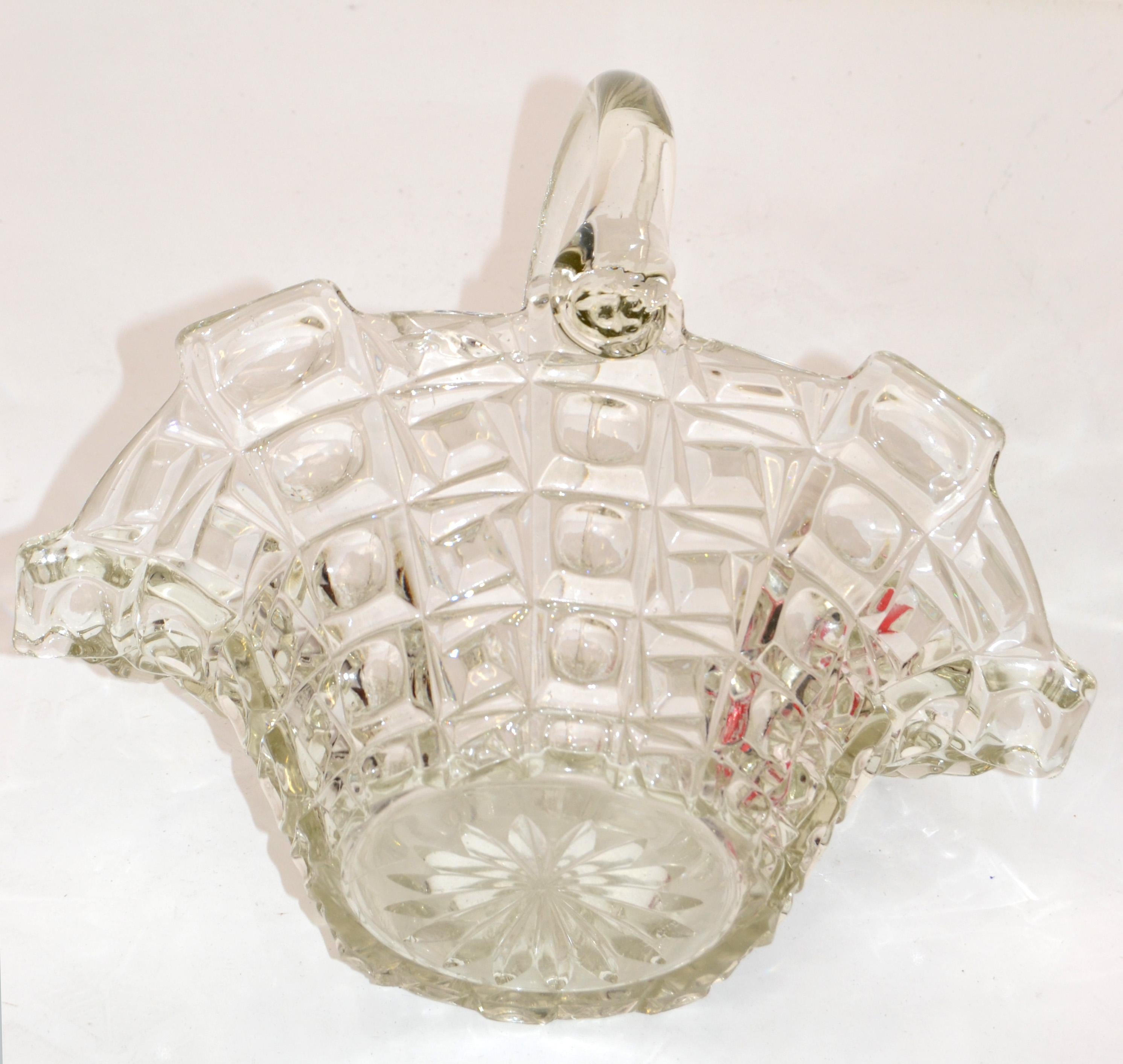 Hand-Crafted Vintage 1970 Decorative Clear Crystal Glass Bride Basket with Handle Centerpiece For Sale