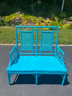 Vintage 1970 Faux Bamboo Turquoise Settee with Caned Back
