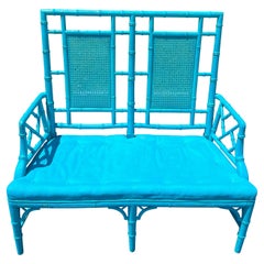 Vintage 1970 Faux Bamboo Turquoise Settee with Caned Back