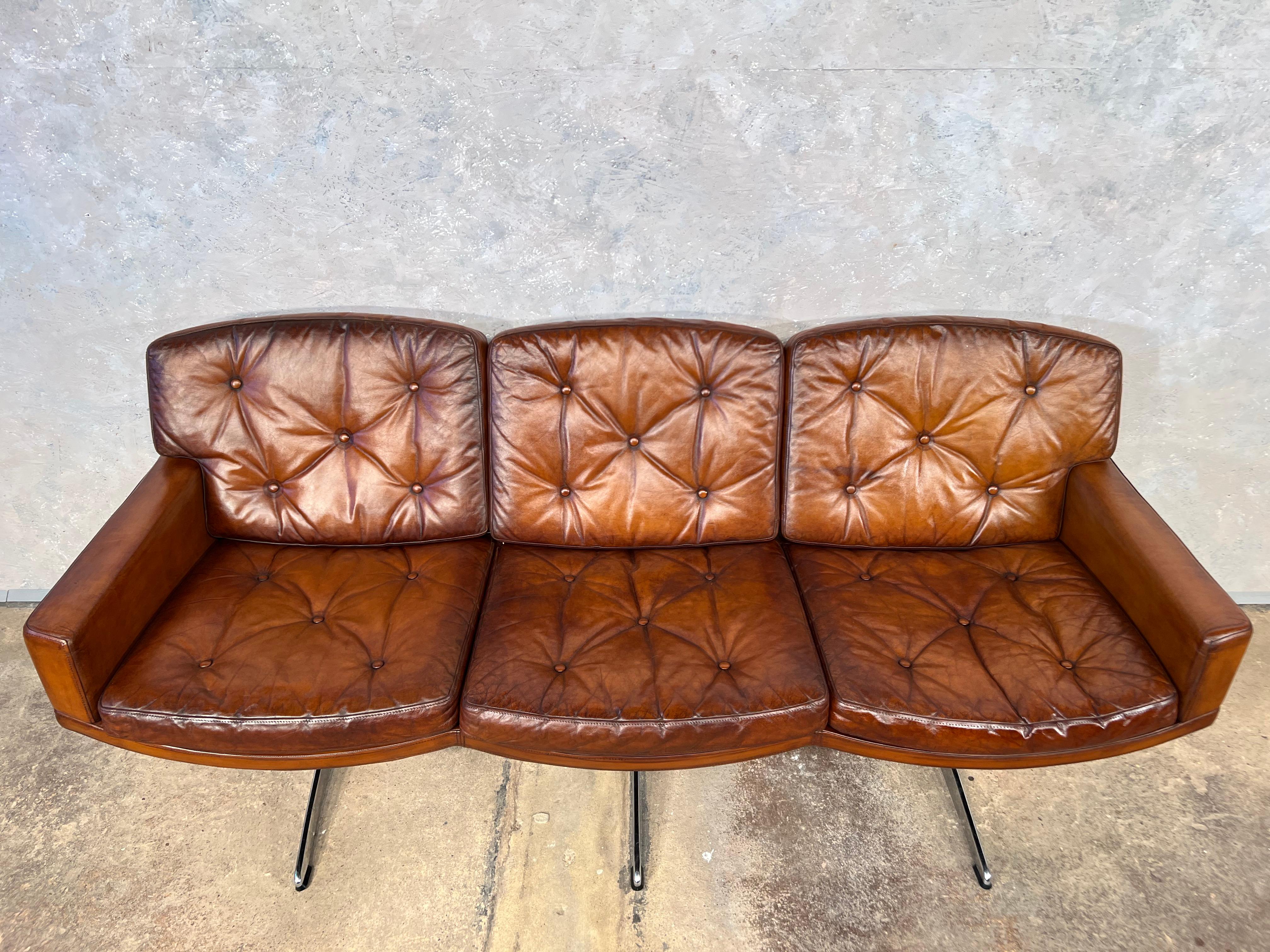 Very Stylish leather sofa designed by Frederik Kayser for Vatne Møbler 1960 Norway.

An exceptional Sofa, Great design, sits beautifully and is very stylish. A great quality sofa and has a beautiful hand dyed patinated tan colour and great finish.