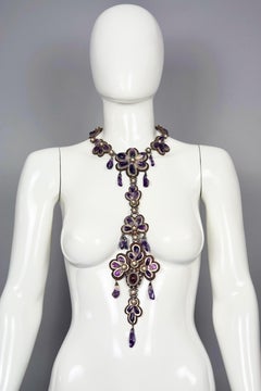 Vintage 1970 French Flower Amethyst Pearl Semi Precious Stones Plastron Necklace