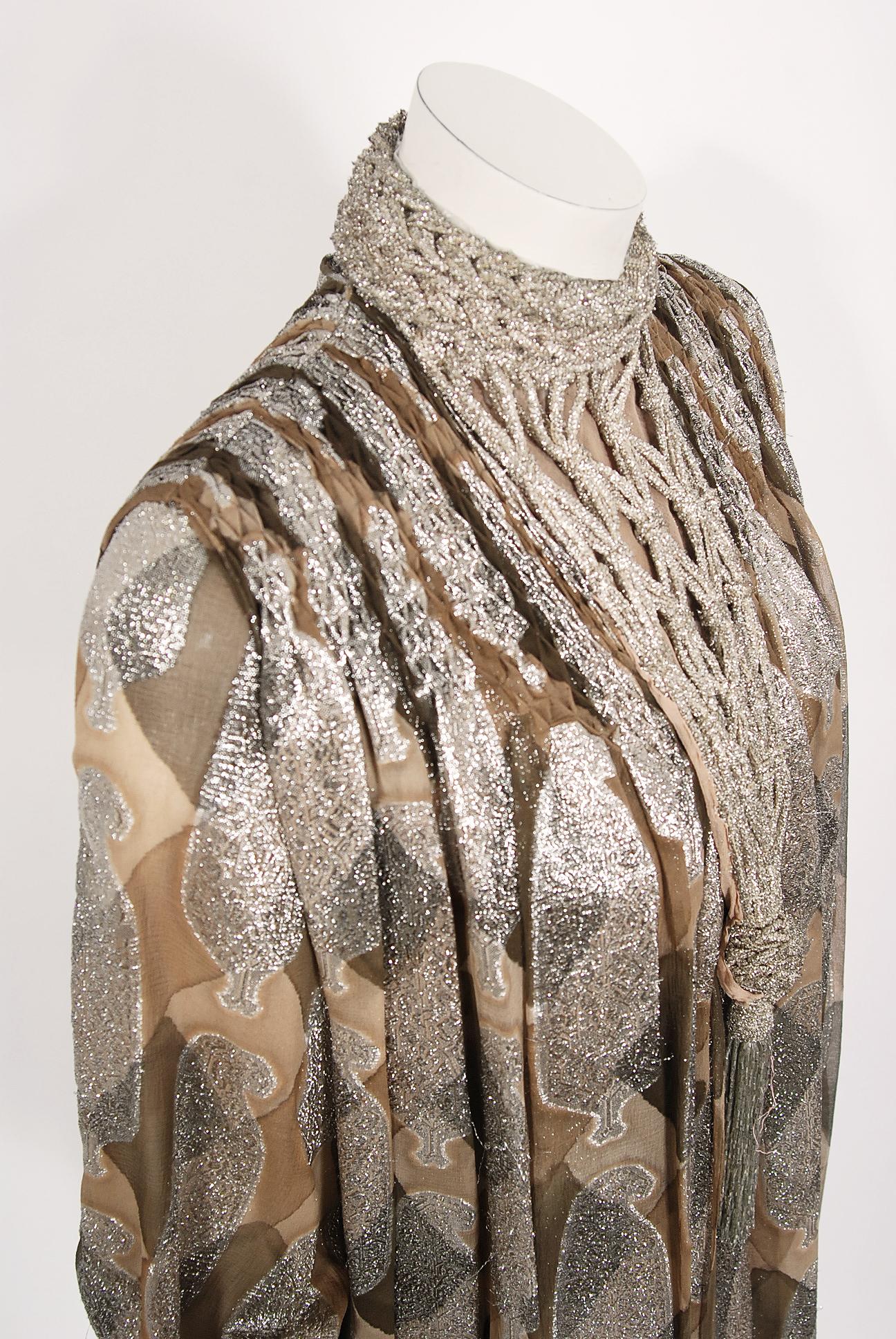 Vintage 1970 Galanos Couture Documented Metallic Silk Pleated Gown w/ Necklace   6