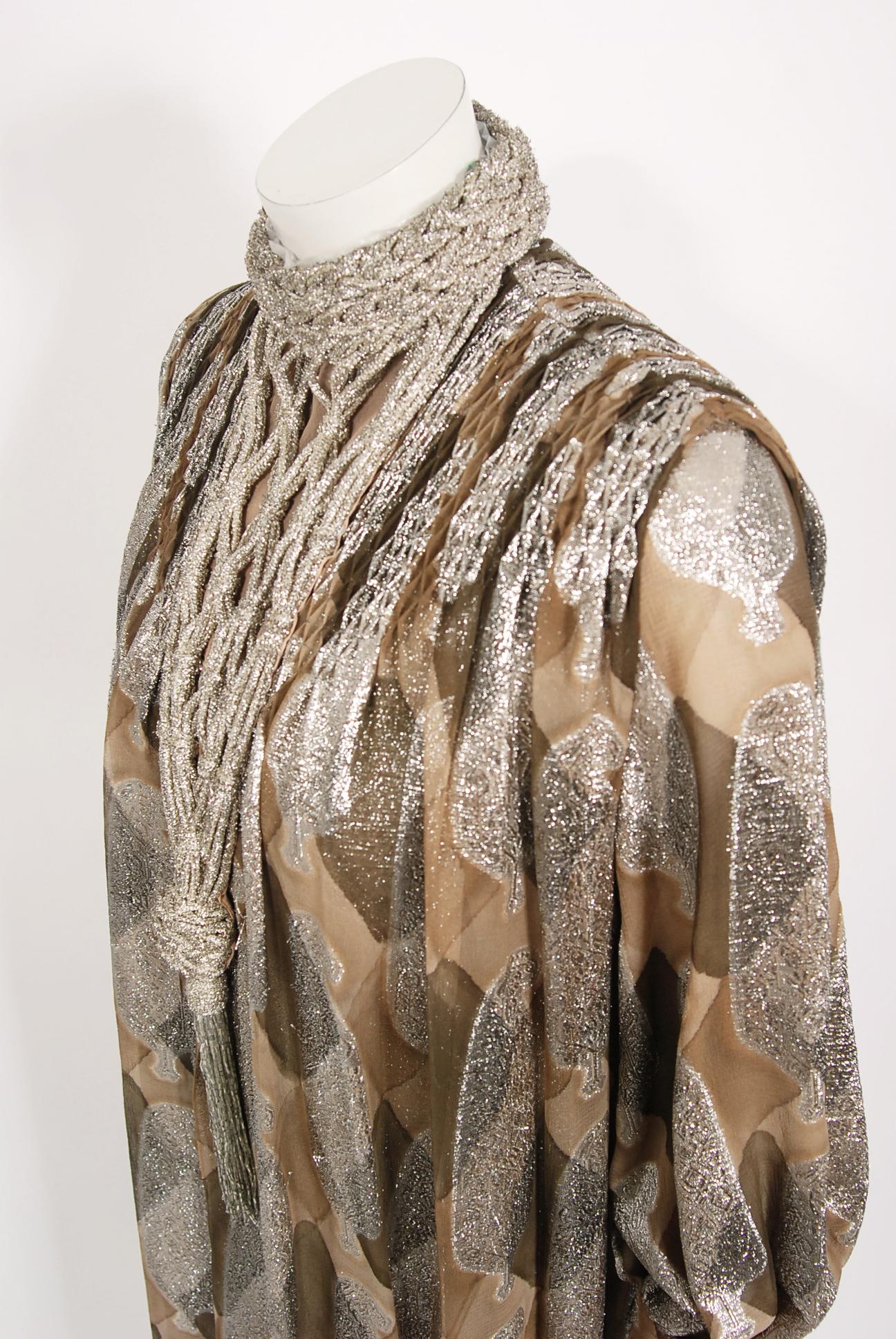 Vintage 1970 Galanos Couture Documented Metallic Silk Pleated Gown w/ Necklace   3