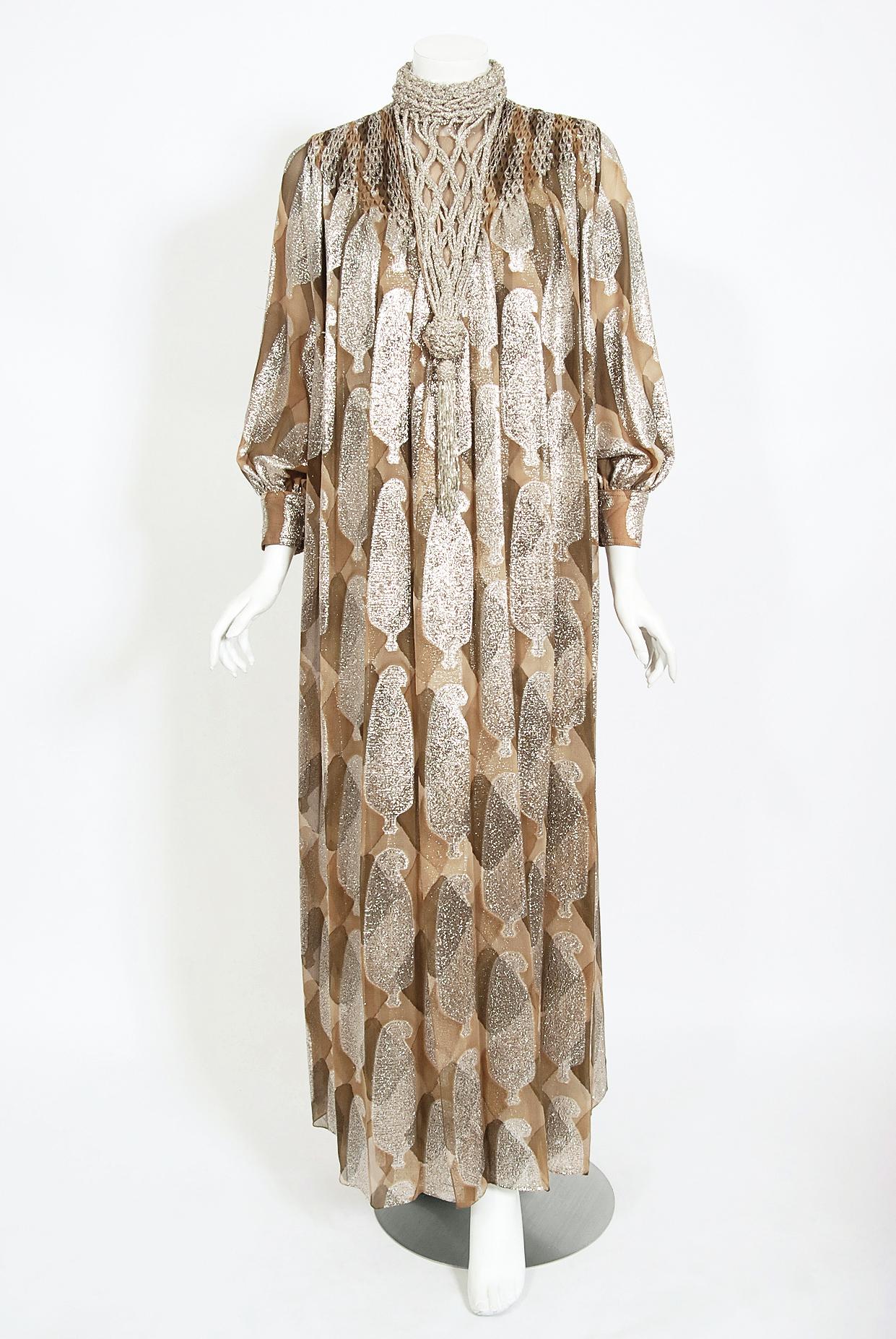 Brown Vintage 1970 Galanos Couture Documented Metallic Silk Pleated Gown w/ Necklace  