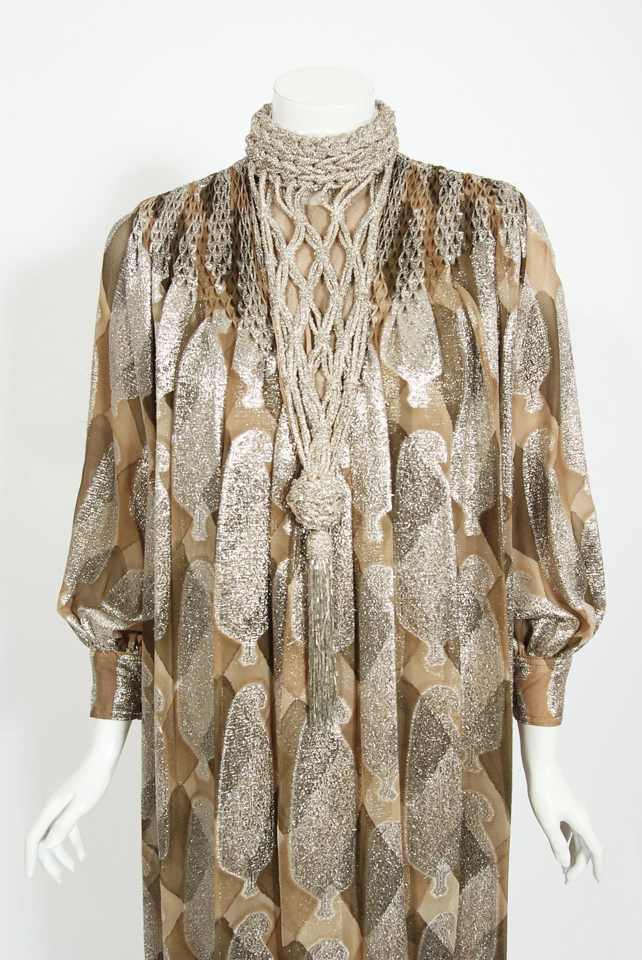 Vintage 1970 Galanos Couture Documented Metallic Silk Pleated Gown w/ Necklace   In Good Condition In Beverly Hills, CA