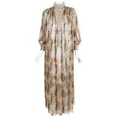 Vintage 1970 Galanos Couture Documented Metallic Silk Pleated Gown w/ Necklace