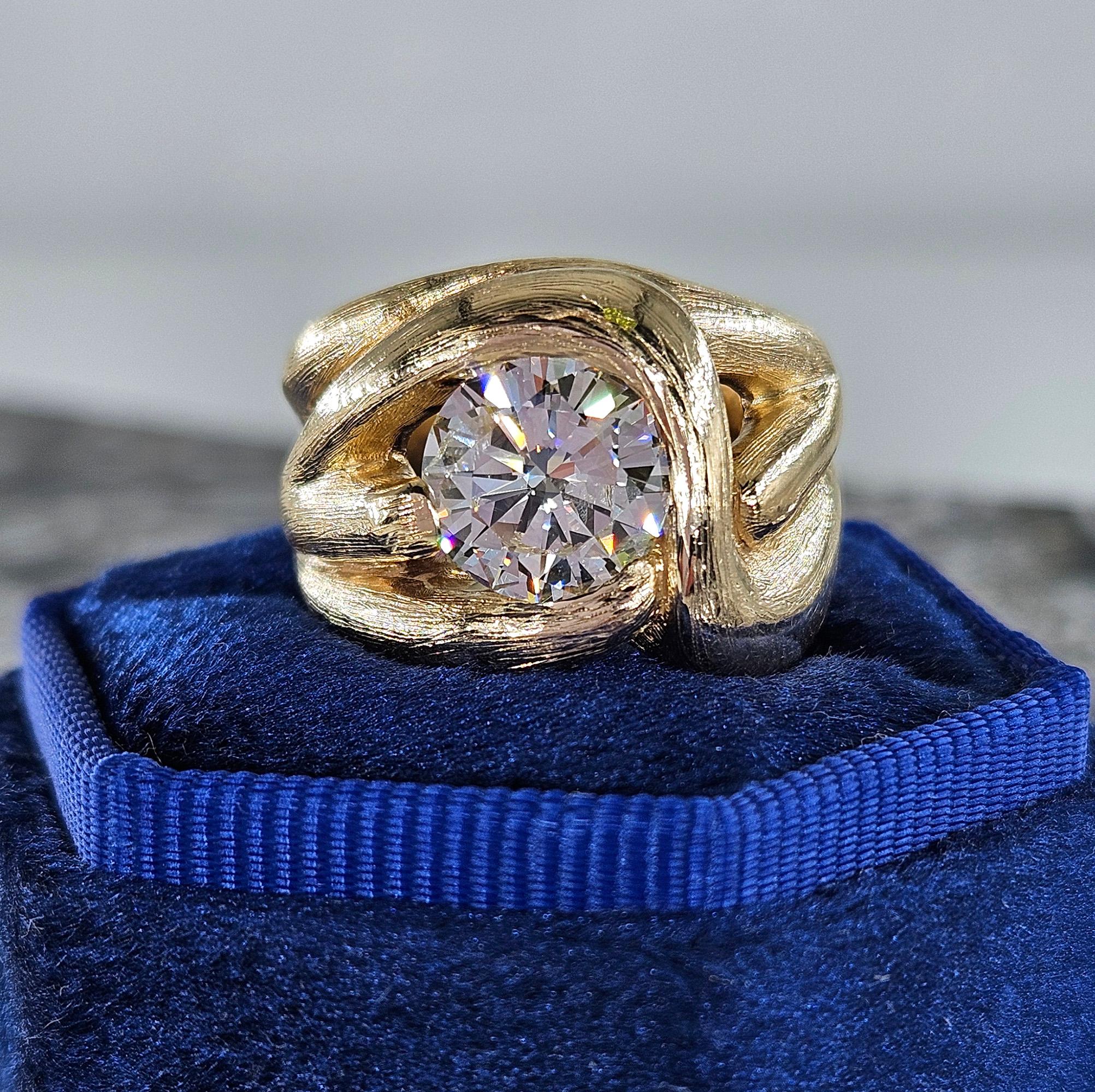 Women's Vintage  1970 GIA 2.18ct Natural ROUND Diamond 14k Yellow Gold Engagement Ring