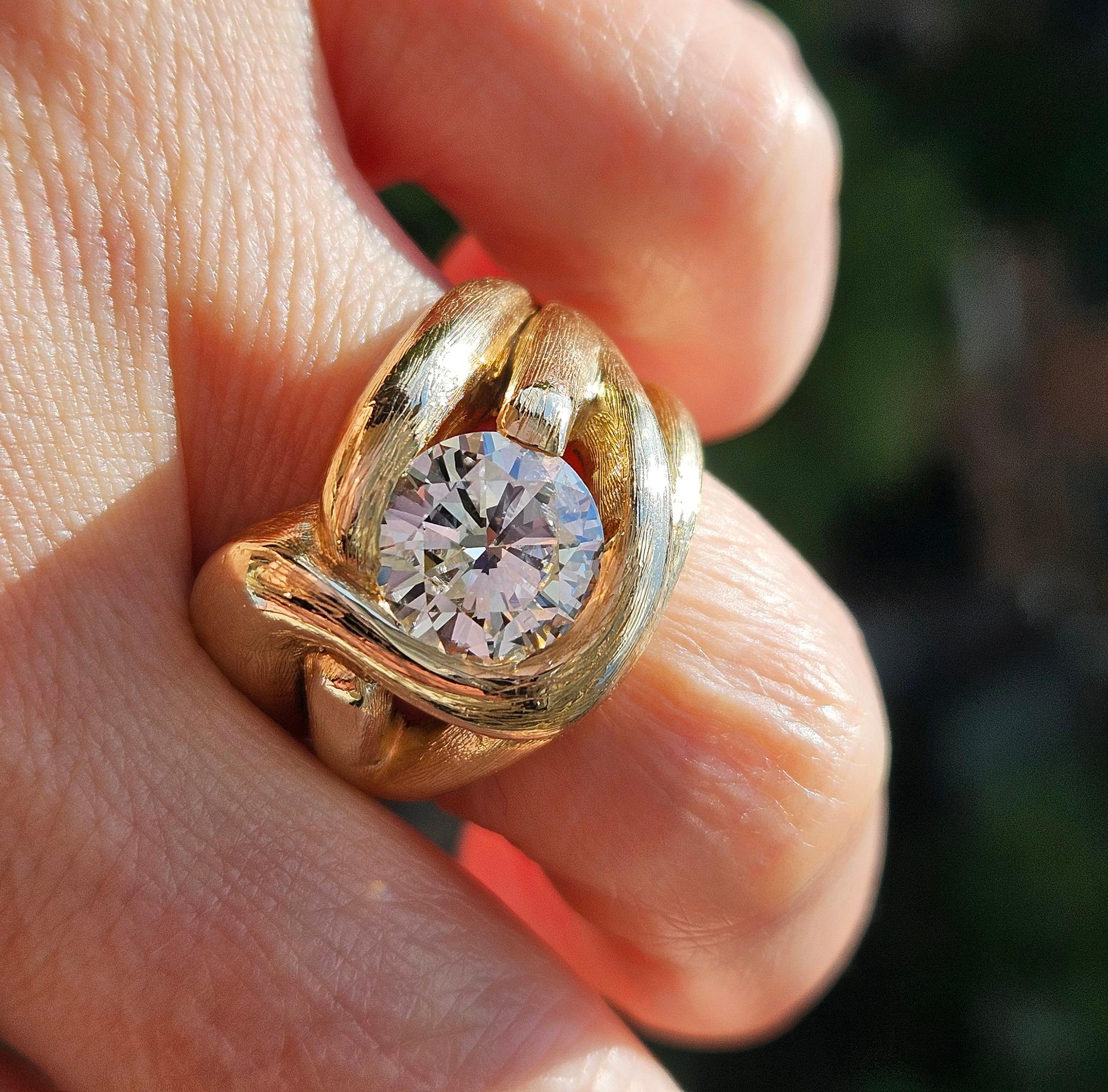 Vintage  1970 GIA 2.18ct Natural ROUND Diamond 14k Yellow Gold Engagement Ring 3
