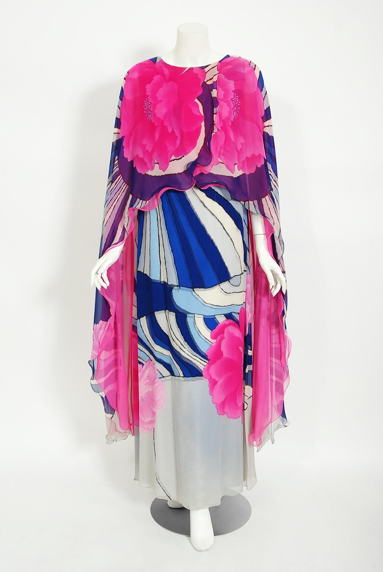 An iconic and instantly recognizable Hane Mori couture caftan gown dating back to her 1969-70 collection. Whilst on a Paris holiday in 1960, Mori had a fateful fitting with Coco Chanel. She claimed this meeting changed her life and she challenged