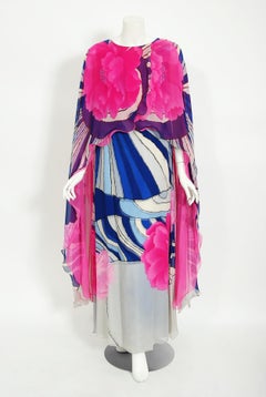 Vintage 1970 Hanae Mori Couture Psychedelic Pink Floral Silk-Chiffon Caftan Gown