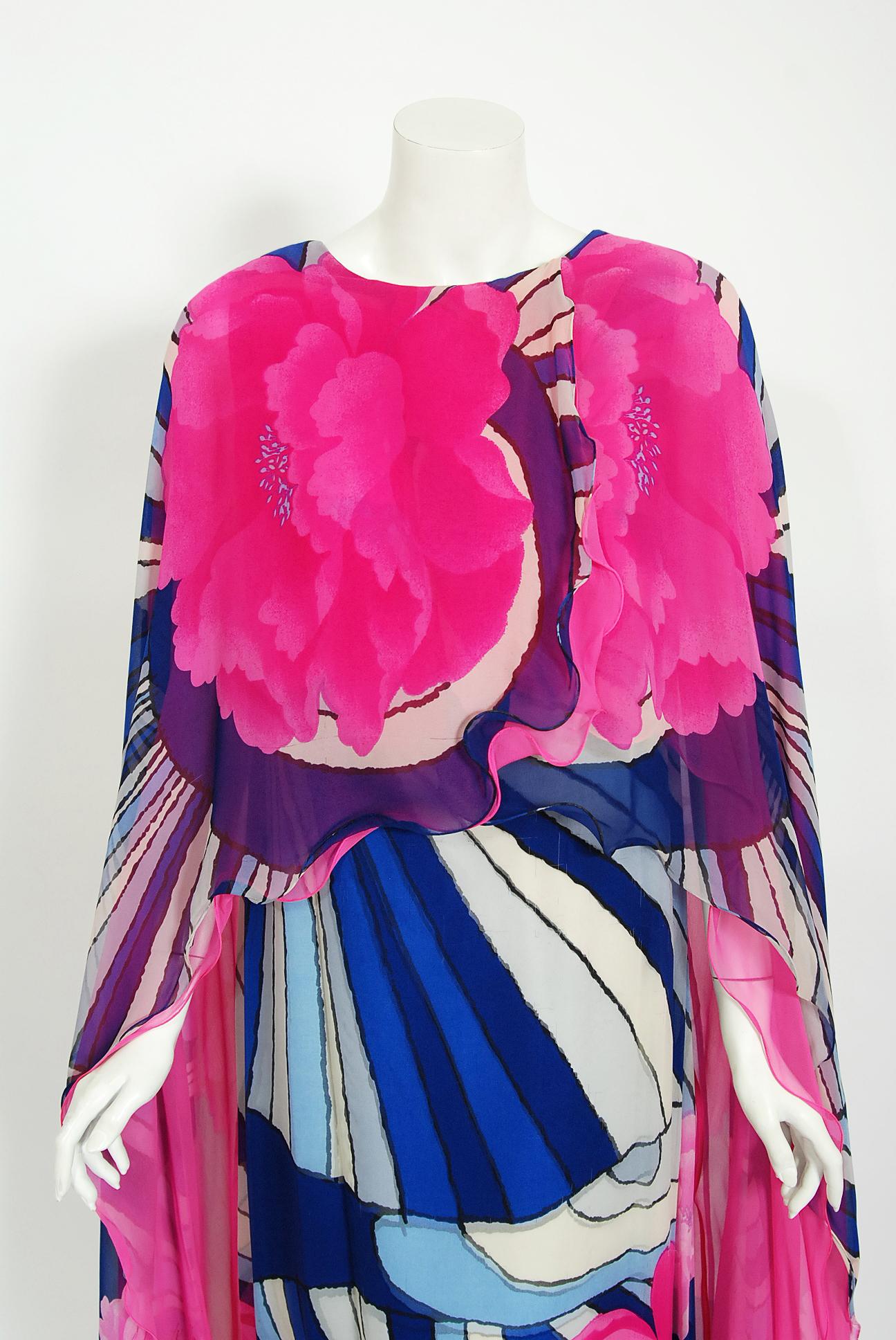 Vintage 1970 Hanae Mori Couture Psychedelic Pink Floral Silk-Chiffon Caftan Gown In Good Condition In Beverly Hills, CA