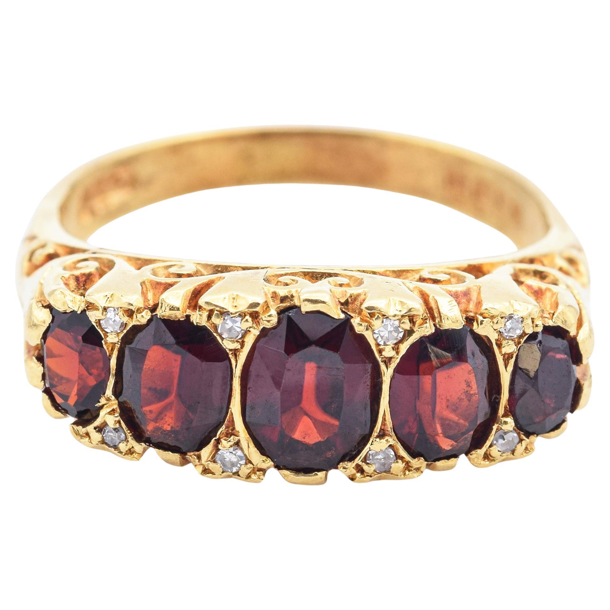 Vintage 1970 London 18 Karat Gelbgold Granat & Diamant Band-Ring Größe 7
