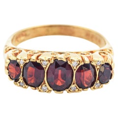 Vintage 1970 London 18 Karat Gelbgold Granat & Diamant Band-Ring Größe 7