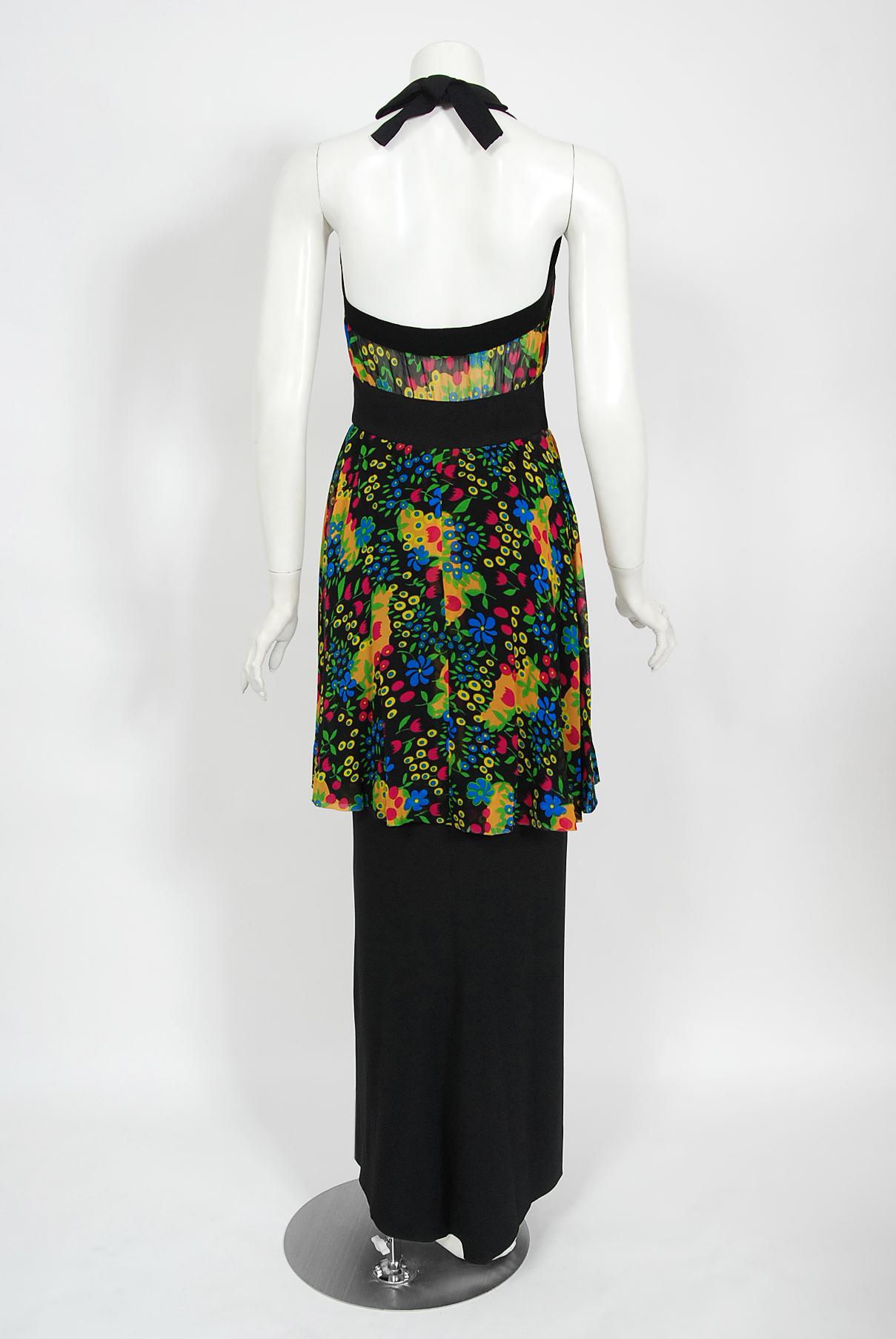 Vintage 1970s Molyneux Haute Couture Floral Sheer Silk & Black Crepe Halter Gown For Sale 7