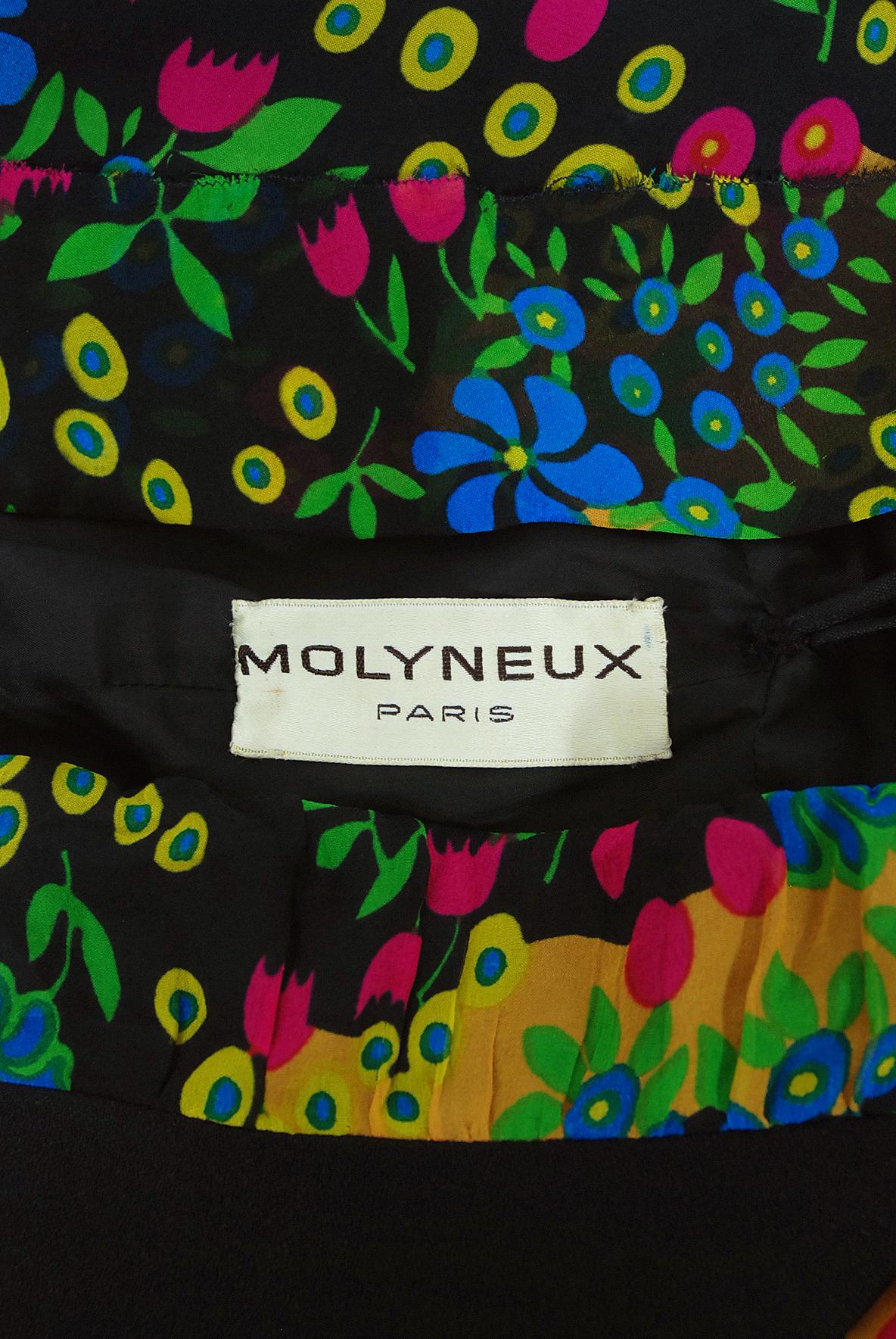 Vintage 1970s Molyneux Haute Couture Floral Sheer Silk & Black Crepe Halter Gown For Sale 9