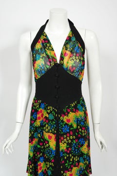 Vintage 1970s Molyneux Haute Couture Floral Sheer Silk & Black Crepe Halter Gown