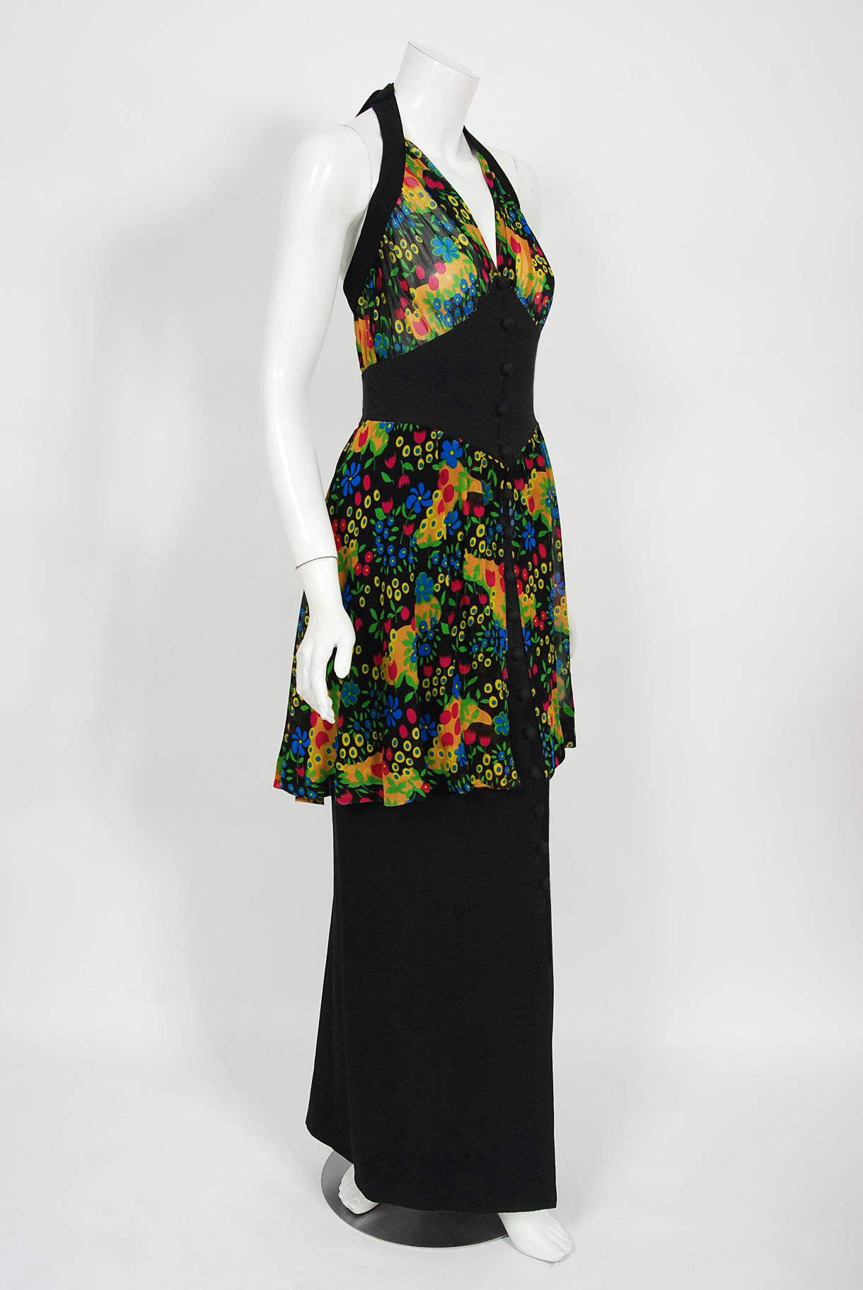 Women's Vintage 1970s Molyneux Haute Couture Floral Sheer Silk & Black Crepe Halter Gown For Sale