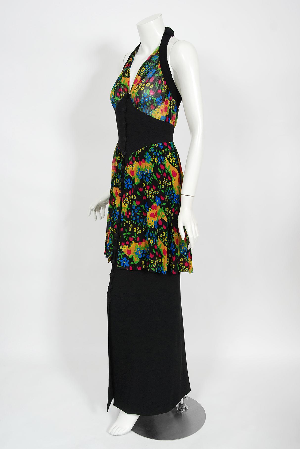 Vintage 1970s Molyneux Haute Couture Floral Sheer Silk & Black Crepe Halter Gown For Sale 2
