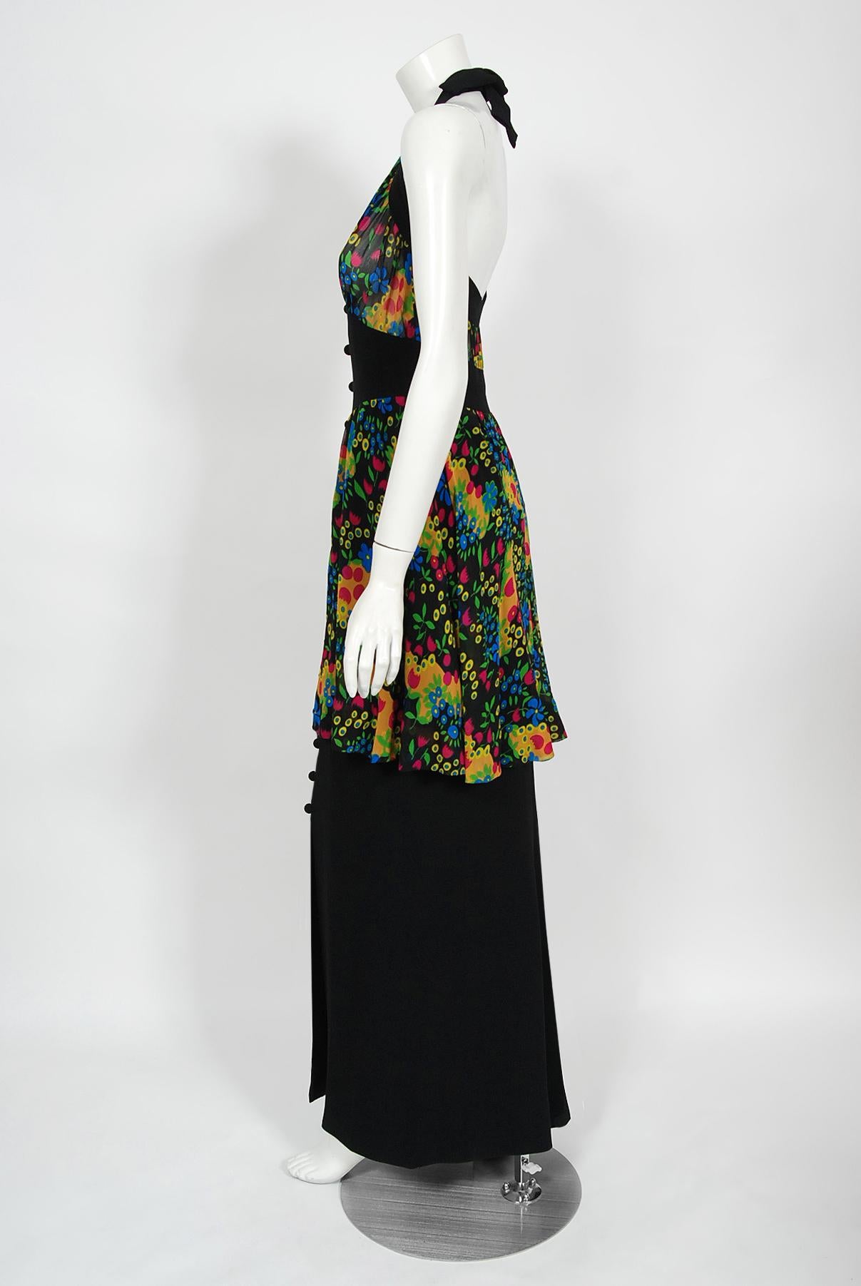 Vintage 1970s Molyneux Haute Couture Floral Sheer Silk & Black Crepe Halter Gown For Sale 5