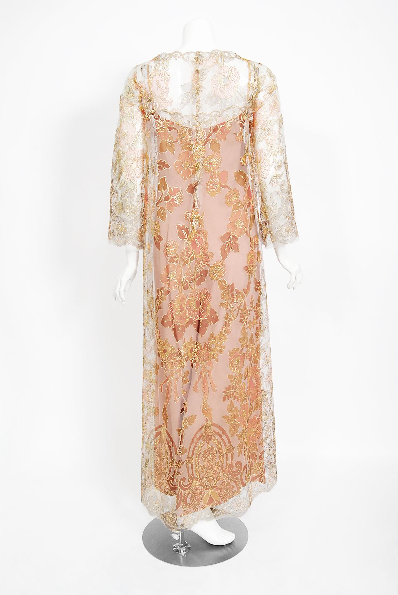 Vintage 1969 Molyneux Haute Couture Metallic Lace and Crepe Bell-Sleeve Jumpsuit 6