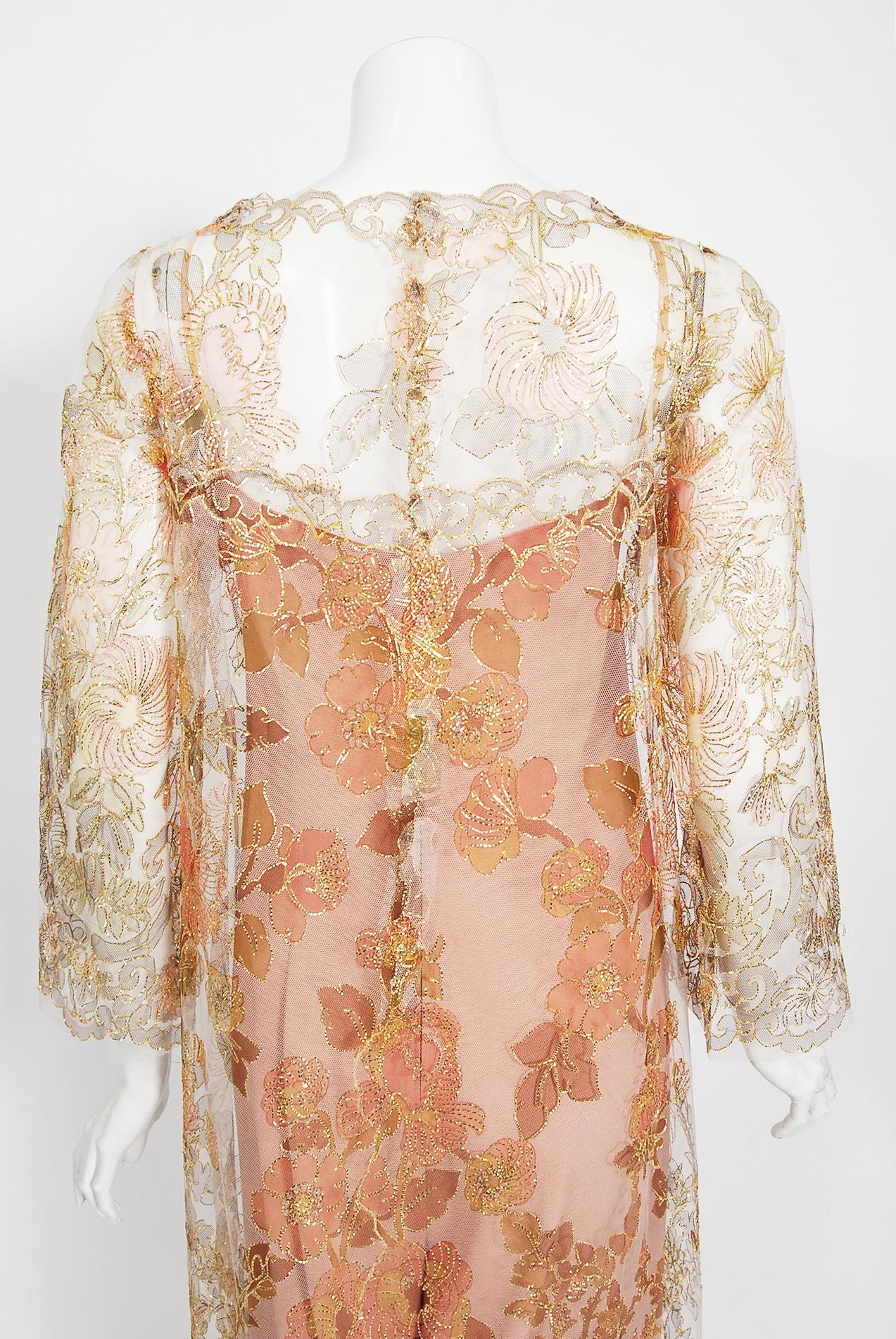 Vintage 1969 Molyneux Haute Couture Metallic Lace and Crepe Bell-Sleeve Jumpsuit 7