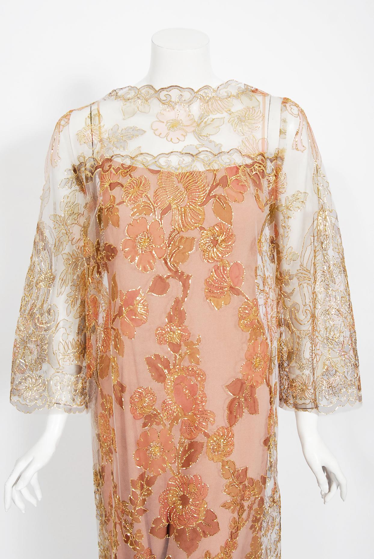 Incredibly rare and highly collectible Edward Molyneux metallic lace jumpsuit from his 1969-70 collection. After a period working for the British fashion designer Lucile, Molyneux opened his fashion house in Paris and dressed the likes of Greta