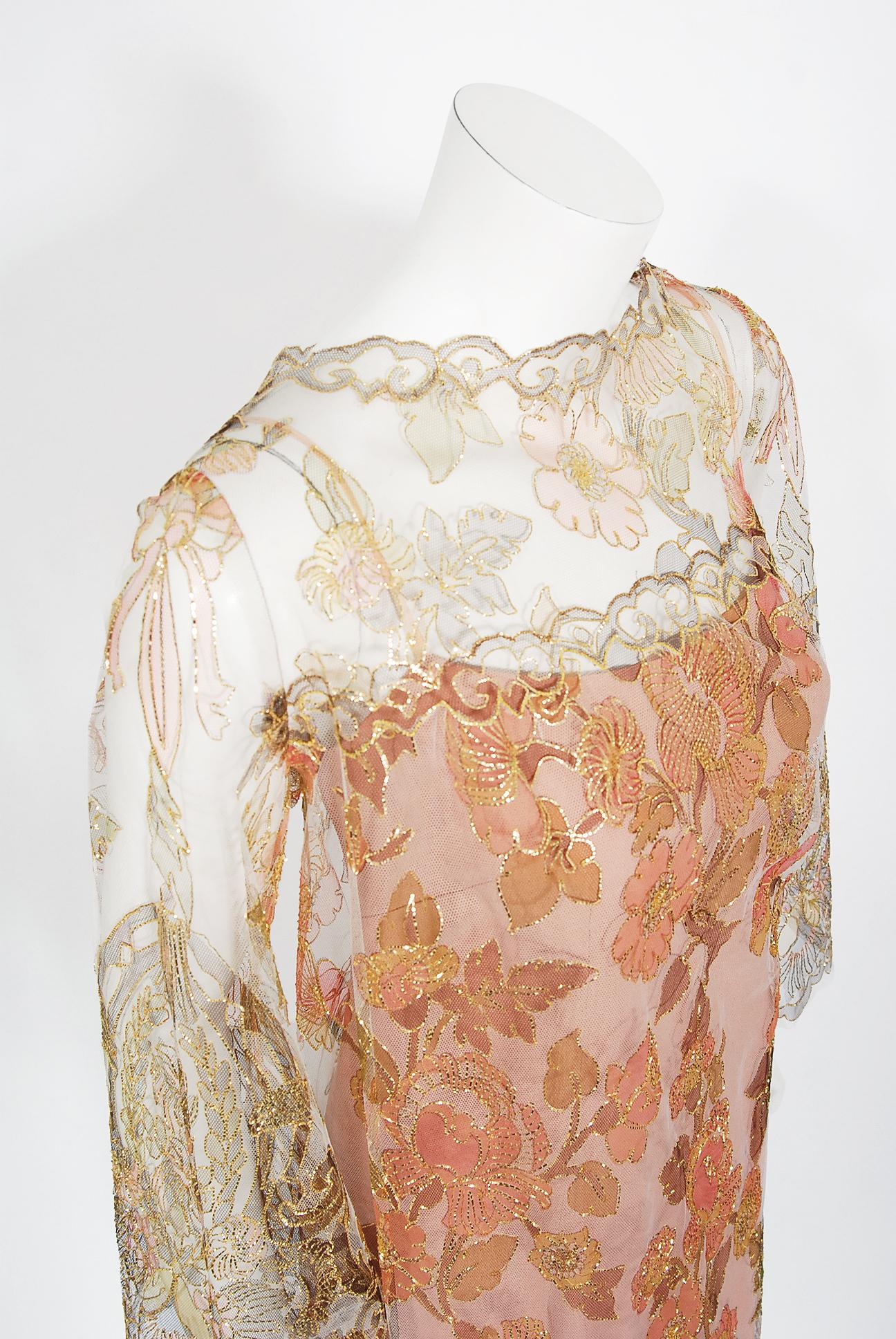 Beige Vintage 1969 Molyneux Haute Couture Metallic Lace and Crepe Bell-Sleeve Jumpsuit