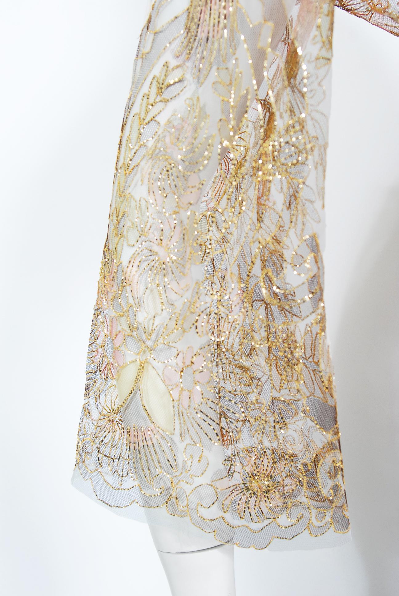 Vintage 1969 Molyneux Haute Couture Metallic Lace and Crepe Bell-Sleeve Jumpsuit In Good Condition In Beverly Hills, CA