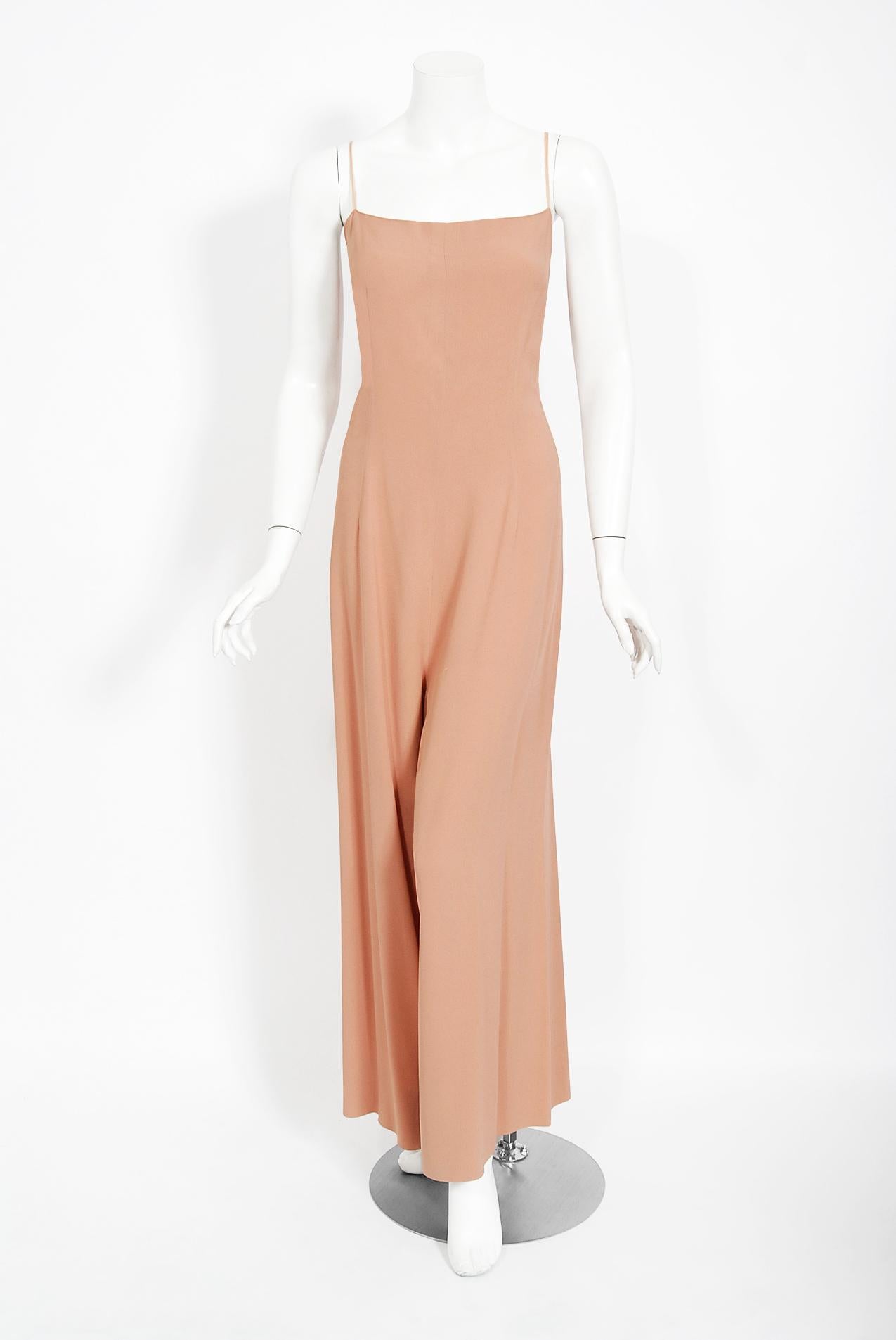 Vintage 1969 Molyneux Haute Couture Metallic Lace and Crepe Bell-Sleeve Jumpsuit 1