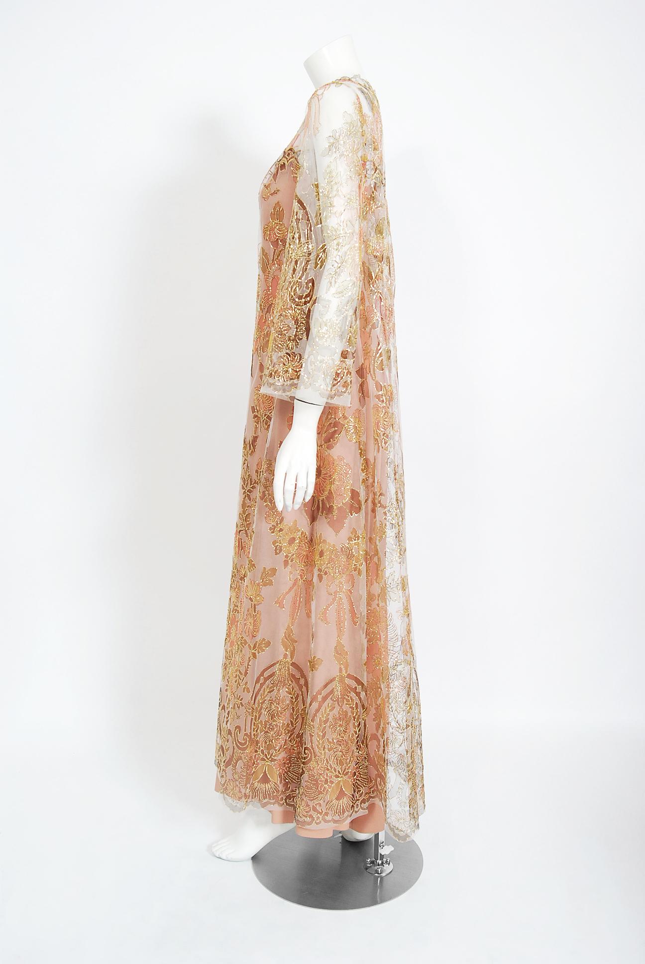 Vintage 1969 Molyneux Haute Couture Metallic Lace and Crepe Bell-Sleeve Jumpsuit 2