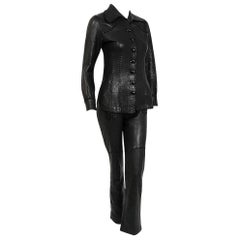 Ensemble veste et pantalon vintage North Beach en cuir noir faits à la main avec surpiqûres de fouet, années 1970 