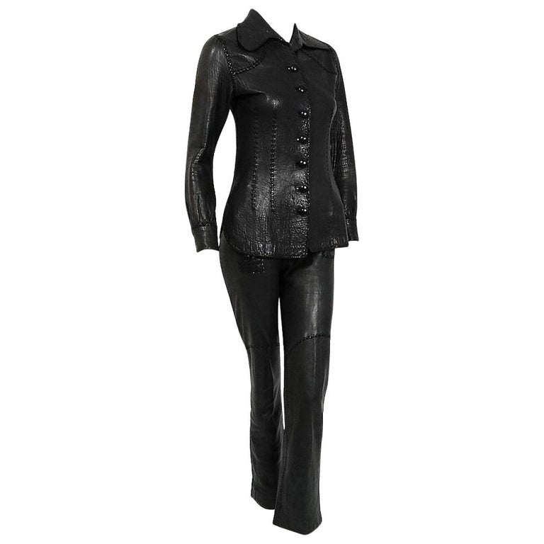 Vintage 1970 North Beach Leather Black Handmade Whipstitch Jacket and Pants  Set For Sale at 1stDibs