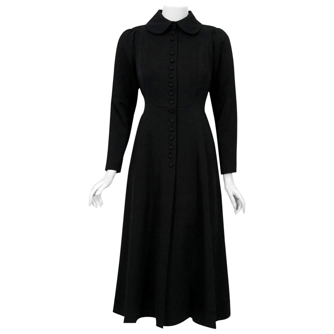 Vintage 1970 Ossie Clark Couture Black Cotton-Twill Princess Dress Coat Jacket
