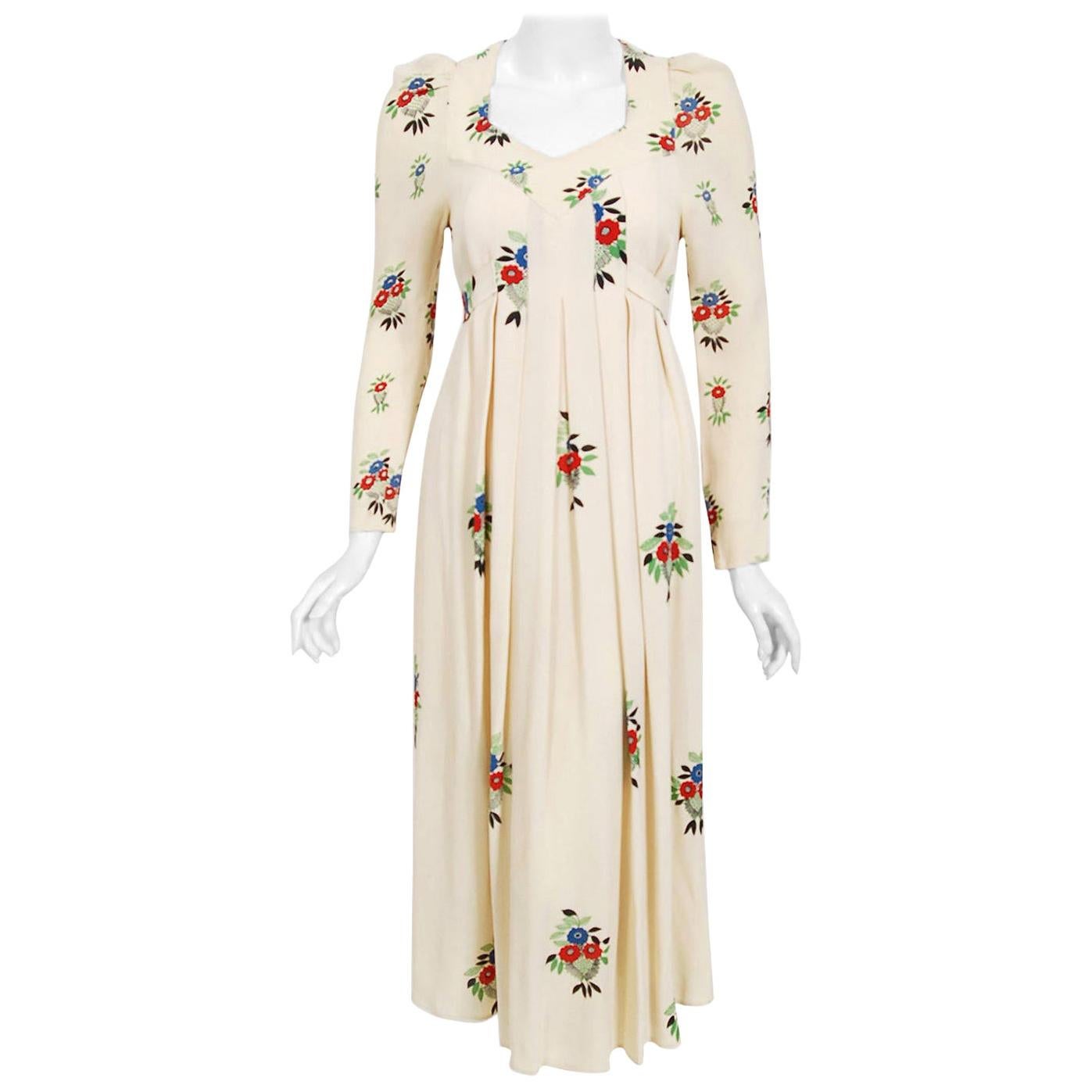 Vintage 1970 Ossie Clark Ivory Moss-Crepe Celia Birtwell Floral Print Dress