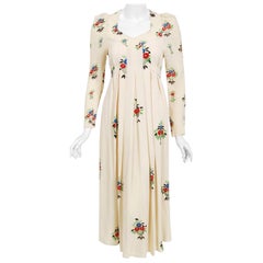 Vintage 1970 Ossie Clark Ivory Moss-Crepe Celia Birtwell Floral Print Dress