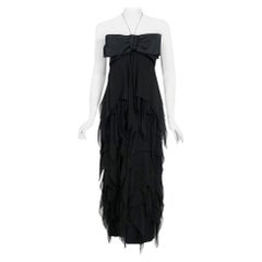 Vintage 1970 Pauline Trigere Black Silk Chiffon & Satin Halter-Bow Tiered Dress