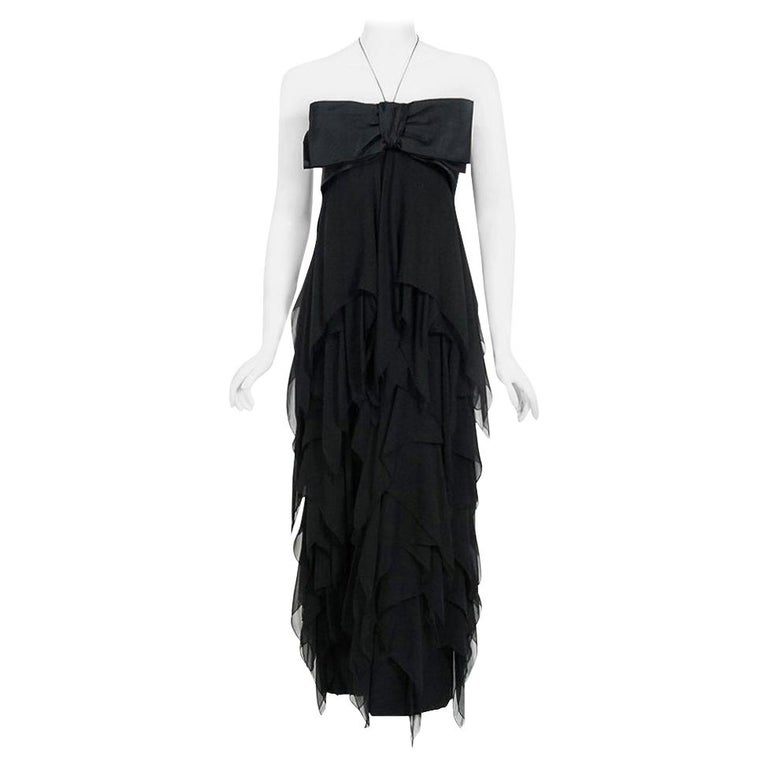 Vintage 1970 Pauline Trigere Black Silk Chiffon & Satin Halter-Bow Tiered Dress For Sale