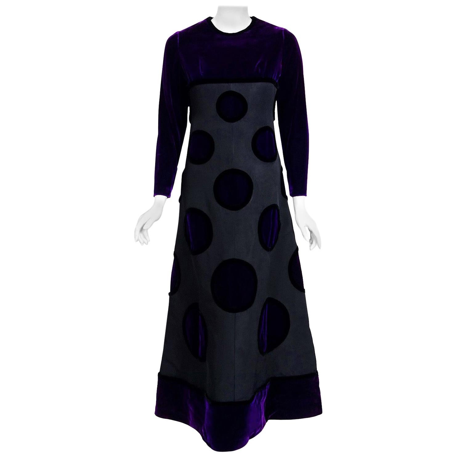 Breathtaking Pierre Balmain Haute Couture royal purple velvet and black silk 'Copenhague' ensemble dating back to his opulent 1970 fall-winter collection. This iconic designer created a very sculptural quality which was always allied with a ladylike