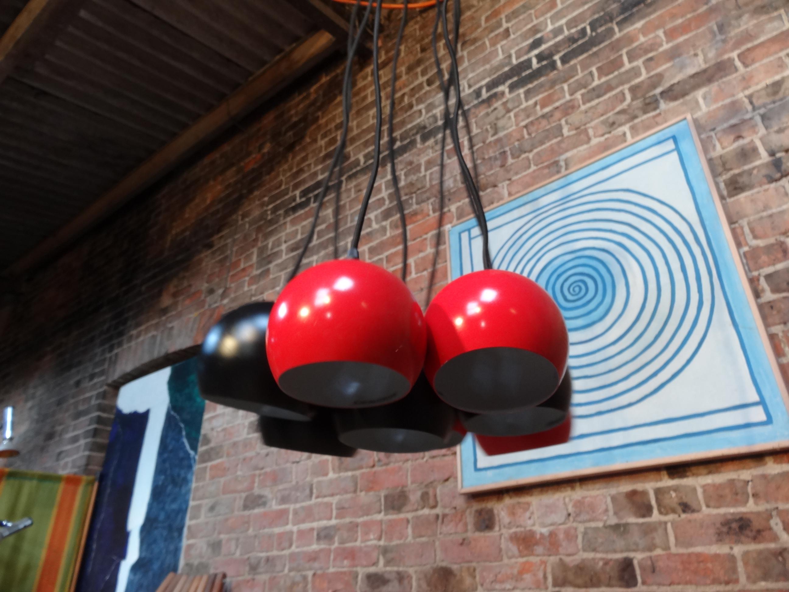 Mid-Century Modern Vintage 1970 Super Retro Metal 8 Ball Black and Red Ceiling Light For Sale