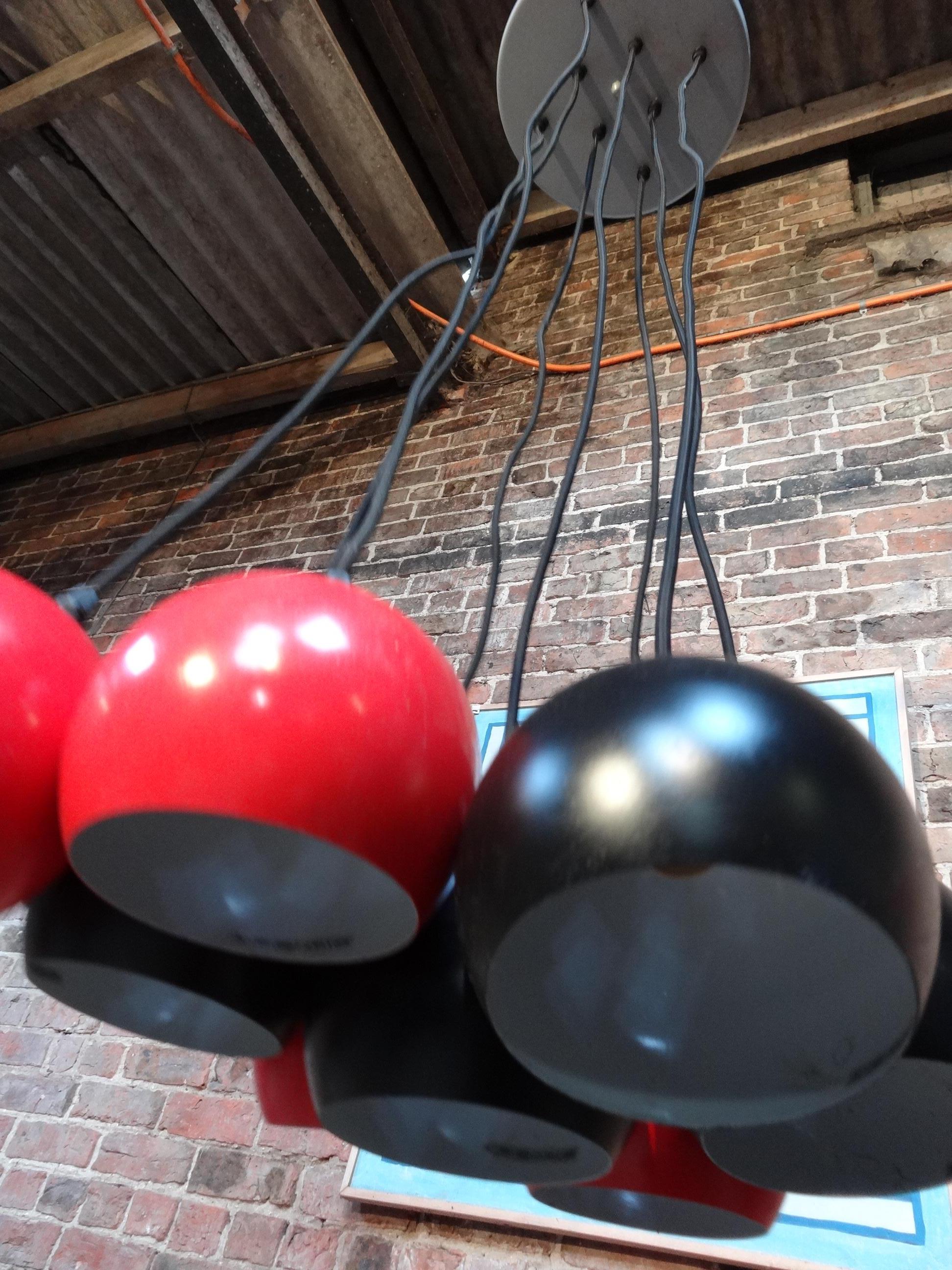 Dutch Vintage 1970 Super Retro Metal 8 Ball Black and Red Ceiling Light For Sale