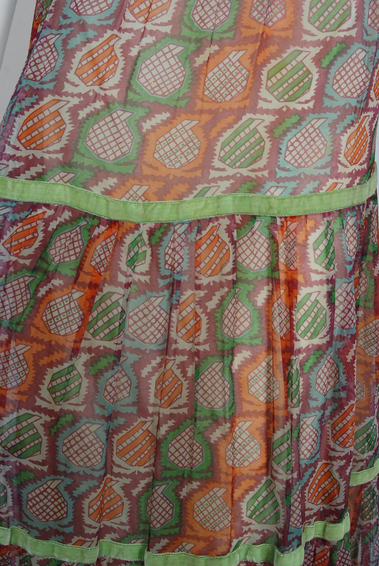 Beige Vintage 1970 Thea Porter Couture Colorful Silk Chiffon & Velvet Bohemian Skirt