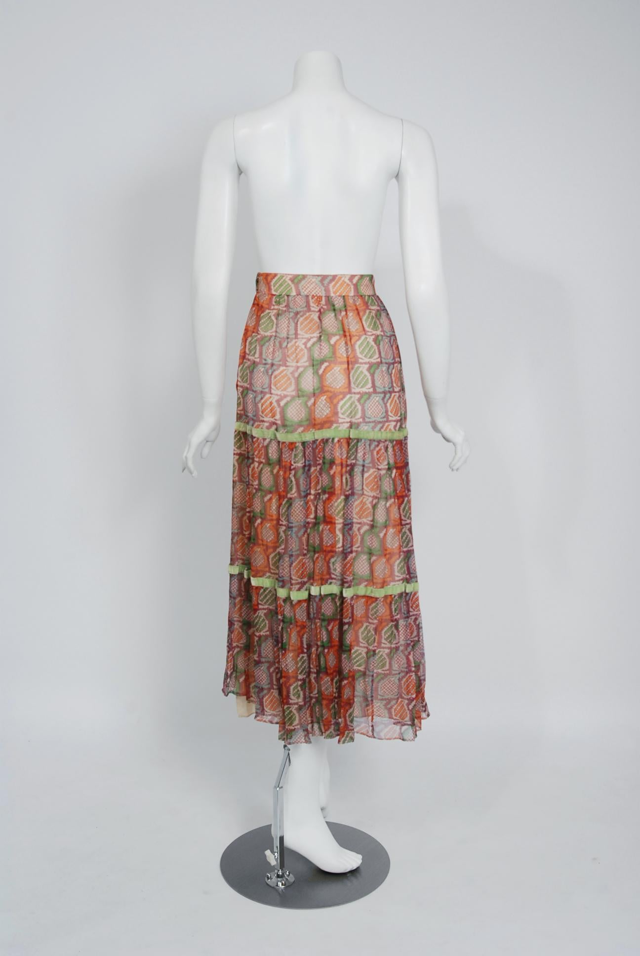Vintage 1970 Thea Porter Couture Colorful Silk Chiffon & Velvet Bohemian Skirt In Good Condition In Beverly Hills, CA
