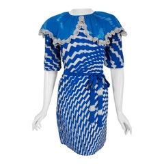 Vintage 1970 Thea Porter Couture Graphic Blue Silk Portrait Collar Tunic Dress